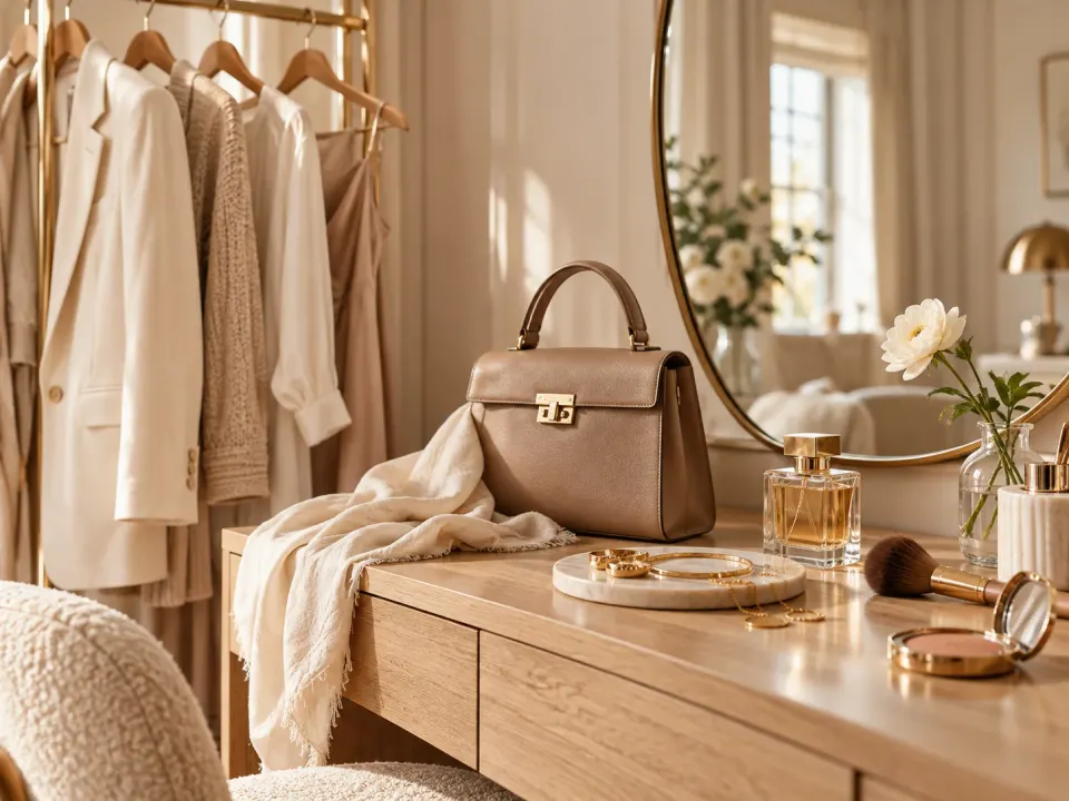 Warm dressing room with neutral outfits, handbag, mirror, and beauty essentials